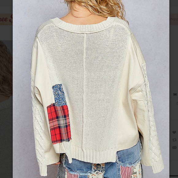 POL “ Luna “ POL V-Neck Sweater in a Twill Mix and Patchwork Detail SR63 - Picture 7 of 8